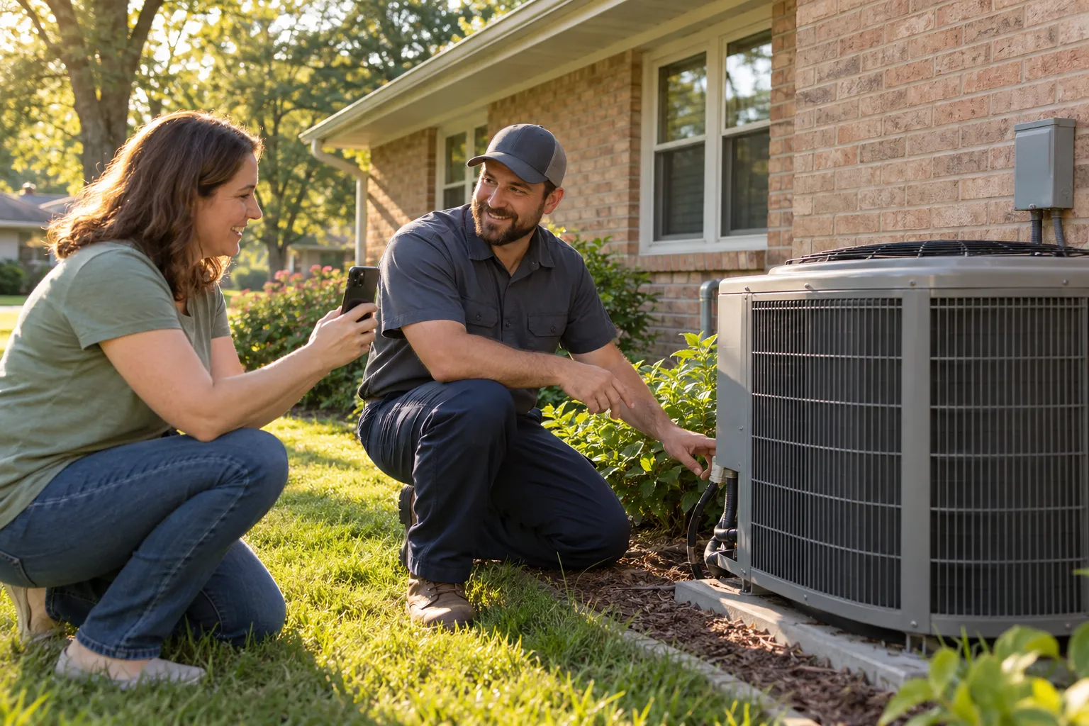 A friendly local HVAC provider checking a home's outdoor AC unit in Salem Lakes