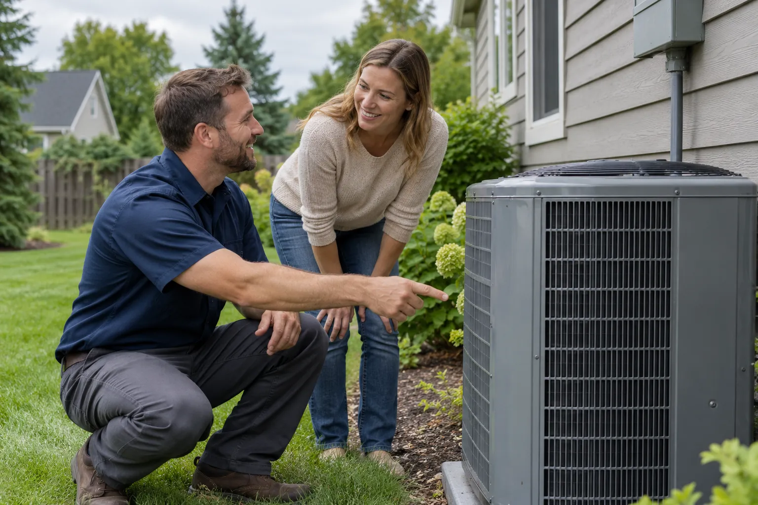 Friendly provider talking with a homeowner about an outdoor AC unit in the Salem Lakes area