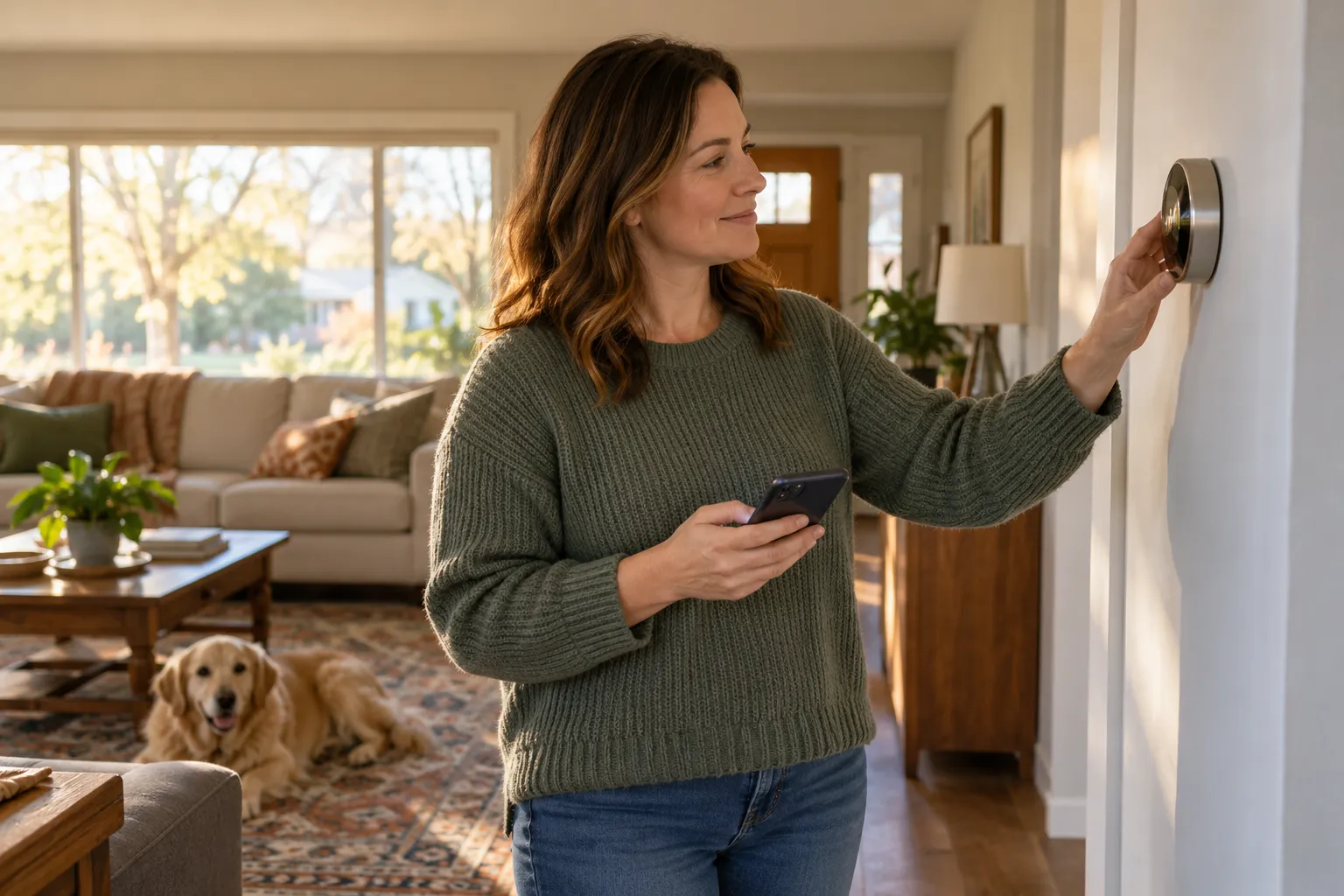 A homeowner checking a thermostat in a bright living room in Salem Lakes